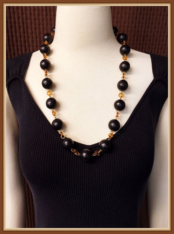 Black Wood Beaded Necklace, Golden Honey Color Loo