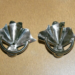 Silver Tone Flower Fan Earrings, Large Clear Stone, Pierced Earrings, Vintage image 3