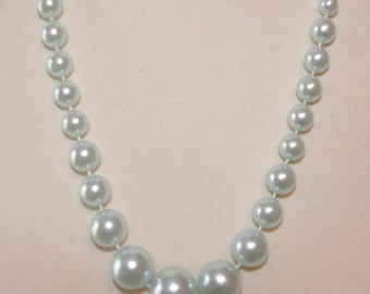 Vintage Sea Foam Pearl  Necklace Hue of Pastel Blue, with Graduated Pearls, 1960's 1970's