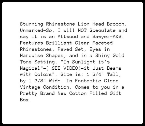 Large Rhinestone Lion Head Brooch, Gold Tone, Bli… - image 3