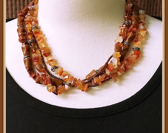 Four Strand Multi Color Stone Chip Necklace, by MX, Brown, Orange, Yellow, Chunky, Vintage