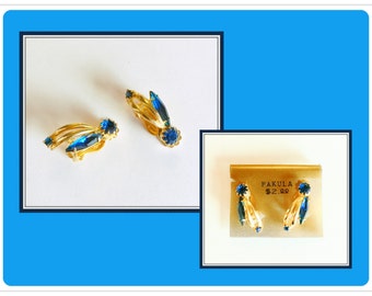 Pakula Blue Rhinestone Clip on Earrings, Gold Tone Setting, Small Size,  Vintage 1960's 1970's