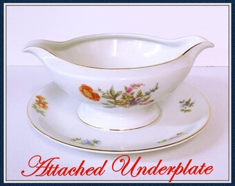 Antique Thomas Bavaria Gravy Boat, Attached Underplate, 2 Pouring Spouts,  Porcelain, Lakewood Pattern, Multi Floral, 1908 1939