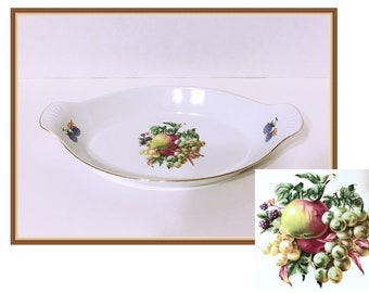 Naaman Oval Serving  Dish, Crafted in Israel, Fruit Motif, Handled, Apples, Grapes, Currants, Vintage 1970's 1980's