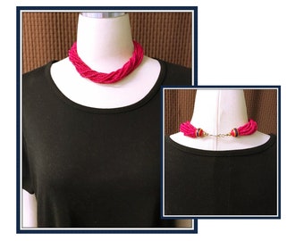 Pink Torsade Choker, 12 Strands, Wooden Beads, Small to Medium Neck, Vintage 1980's