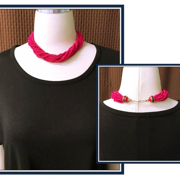 Pink Torsade Choker, 12 Strands, Wooden Beads, Small to Medium Neck, Vintage 1980's