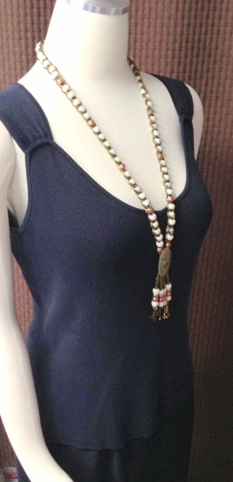 Copper beads Vintage Tassel Necklace White iridescent beads Long Length 1970/'s