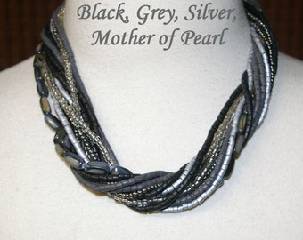 Black and Grey Necklace, 13 Strands, Torsade,  Vintage 1980's