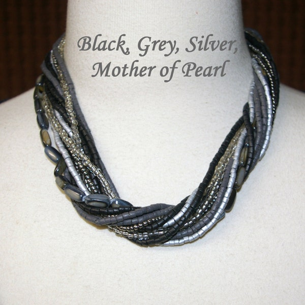 Black and Grey Necklace, 13 Strands, Torsade,  Vintage 1980's