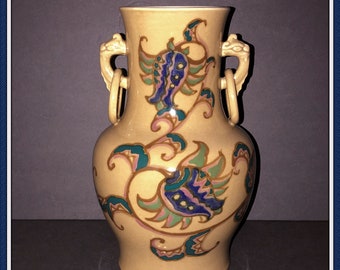 Beige Dragon Head Handled Vase, Rings, Paisley Floral, Heavy. 6.25 lbs., Vintage