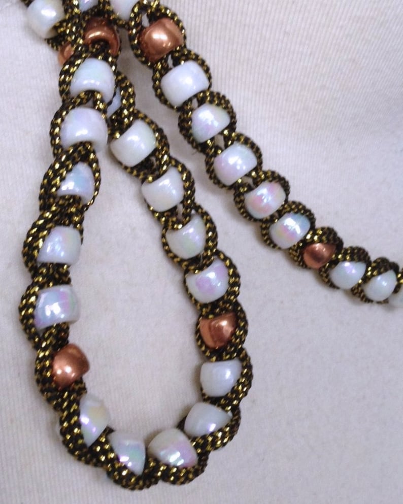 Copper beads Vintage Tassel Necklace White iridescent beads Long Length 1970/'s
