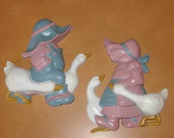 Boy and Girl Wall Plaques, Geese,  Stamped 1988,  Burwood Prod. Co. USA, Vintage