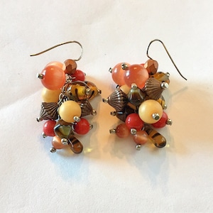 Multi Color Dangle Earrings, Cluster, Peach Cat&#39;s Eye, Never Worn, Vintage 1991