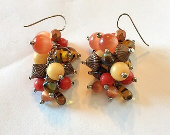 Multi Color Dangle Earrings, Cluster, Peach Cat's Eye, Never Worn, Vintage 1991