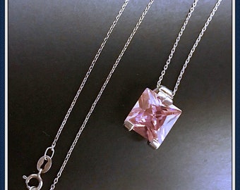 Pink CZ Necklace, Square, Sterling Chain, 925 Italy, Vintage