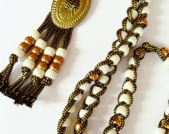 Vintage Tassel Necklace, White iridescent beads, Copper beads, Long Length 1970's