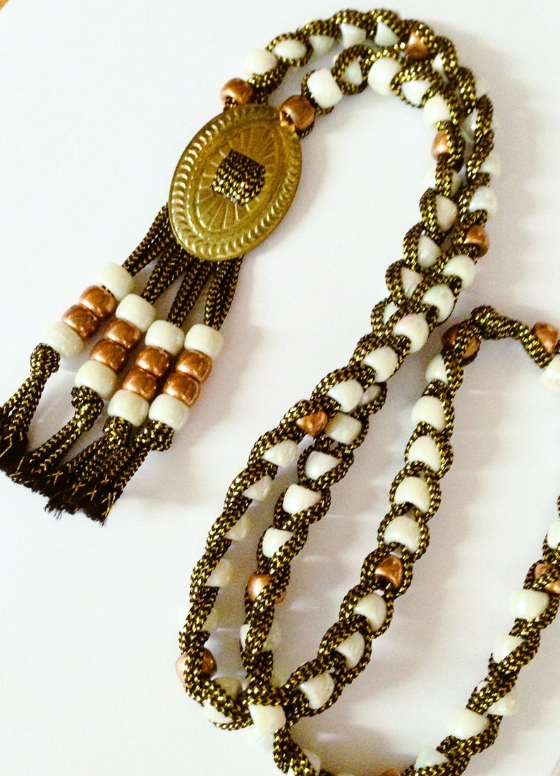 Copper beads Vintage Tassel Necklace White iridescent beads Long Length 1970/'s