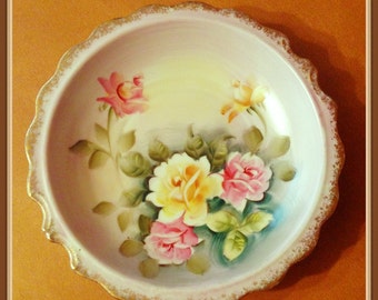 Vintage Porcelain Bowl, Hand Painted Roses, Pink, Yellow, Snacks, Candy, Fruit, Accent Bowl, Norleans, Japan,  1960&#39;s