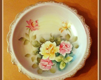 Vintage Porcelain Bowl, Hand Painted Roses, Pink, Yellow, Snacks, Candy, Fruit, Accent Bowl, Norleans, Japan,  1960's