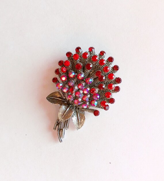 Red Rhinestone Flower Brooch, Aurora Borealis, Si… - image 3