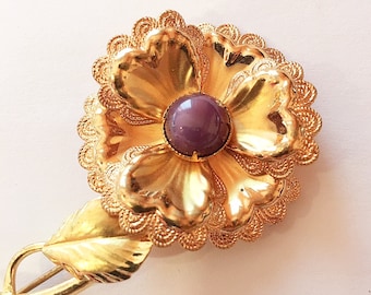 Gold Tone Flower Brooch, Purple Stone  Made in the Czech Republic, Signed Czecho, Vintage 1960s  1980s