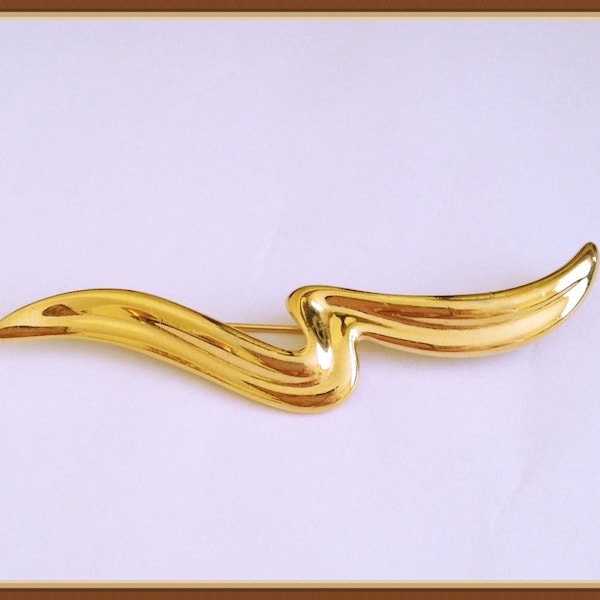 Vintage Napier Brooch, Signed, Gold Tone, Wavy Design, Large Size, 1980's