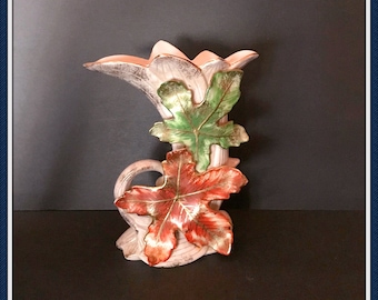 Autumn Cornucopia Leaf Vase, Pink, Leaves,  Gold Accent, Vintage