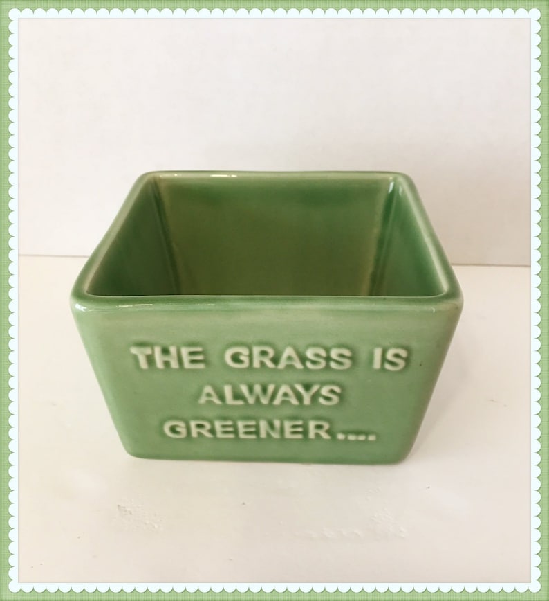 Vintage Heavy Planter The Grass is always Greener Bowl Ceramic on the other side Old Cliche Trinket