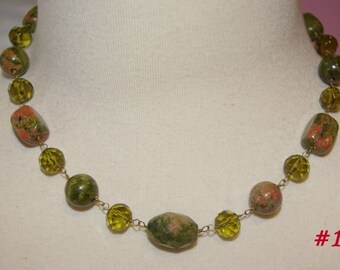 Unakite Collar Necklace,  Crystals, Pink, Green, Adjustable, NOS,  Vintage 1980's