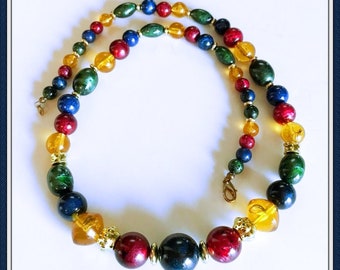 Multi Color Beaded Necklace, Marbled, Glitter, Graduated, Vintage 1980's