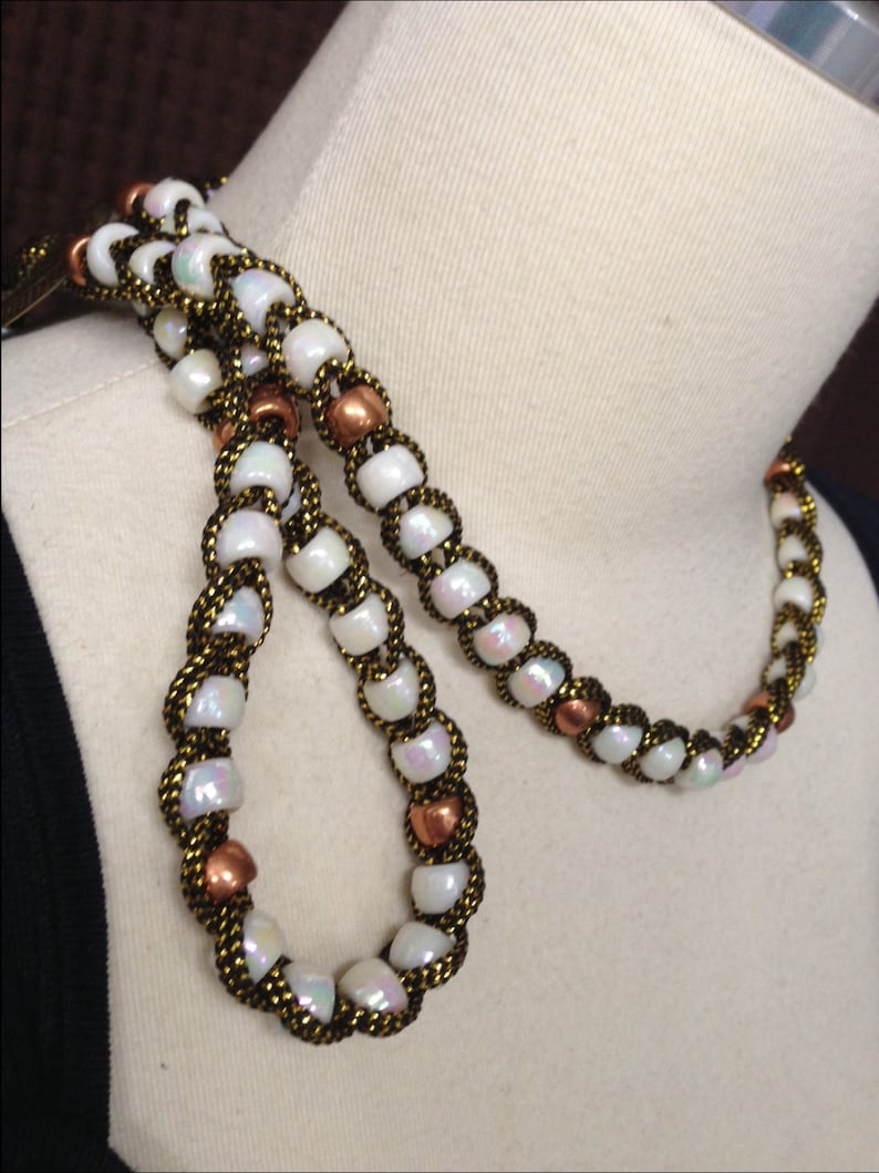 Copper beads Vintage Tassel Necklace White iridescent beads Long Length 1970/'s