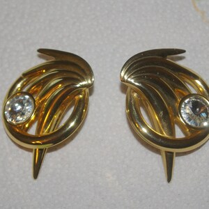 Gold Tone Round Earrings, Spiral Stone, Feather Design, Pierced Vintage 1970's image 1