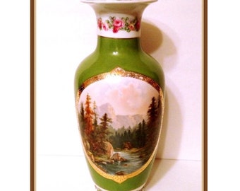 Antique Large Scenic Vase, Woodland, Austria, Victoria Schmidt and Co., 1910 early 1920's