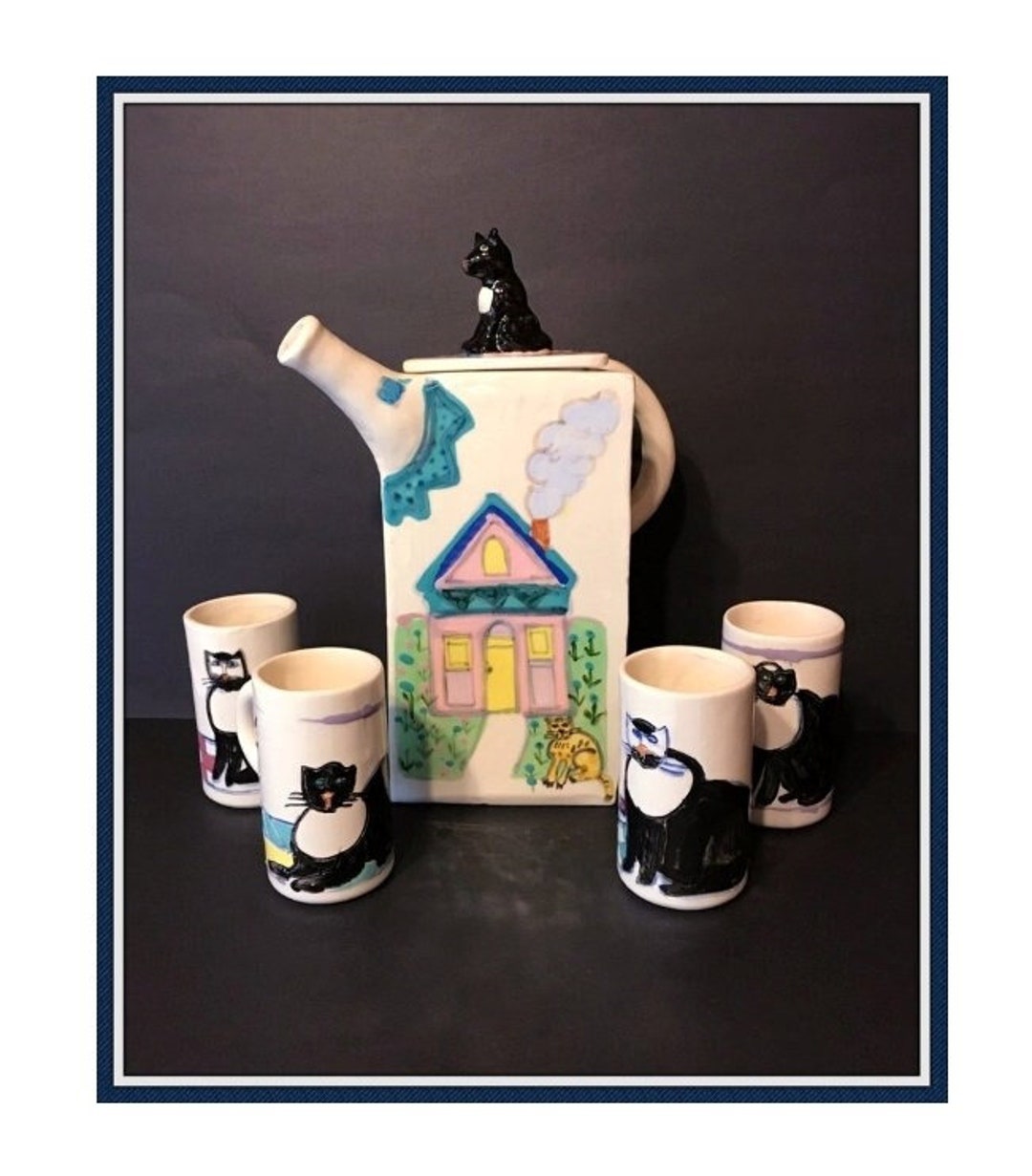 Whimsical Cat Themed Tea Pot and Mugs, Artist Sue Bolt, Large, Original, One of a Kind, Hand