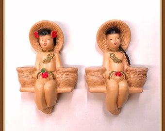 Asian Boy and Girl Planters, Wall Art, Chalkware, Alexander Backer Co., Air Plant, 2 lbs. each, Vintage 1950's