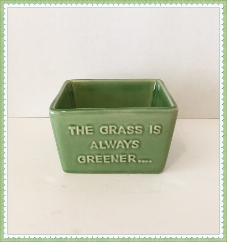 Vintage Heavy Planter The Grass is always Greener Bowl Ceramic on the other side Old Cliche Trinket