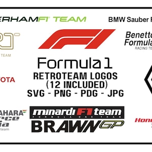 Op de afbeelding: Een verzameling retro-teamlogo's van de Formule 1, waaronder Caterham, HRT, Toyota, BMW Sauber, Benetton, Renault, Sahara Force India, Minardi, Brawn GP en Honda Racing. De afbeelding bevat ook de tekst "Formula 1 RETROTEAM LOGOS (12 INCLUDED) SVG - PNG - PDG - JPG."