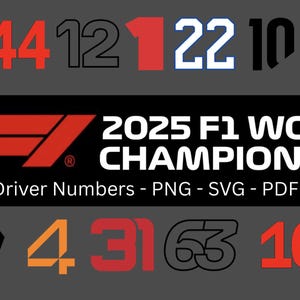Könnte beinhalten: Grafik mit Formel-1-Fahrernummern in Orange, Rot, Schwarz und Weiß. Der Text "2025 F1 WORLD CHAMPIONSHIP" und "All Driver Numbers - PNG - SVG - PDF - AI" ist ebenfalls enthalten.
