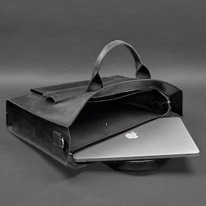 Black Leather Laptop Bag • Minimalist Briefcase for Men and Women • Detachable Laptop Sleeve • Handmade Office Bag