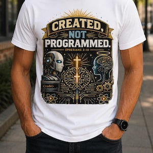 May include: A white t-shirt featuring a graphic print with the text 'CREATED, NOT PROGRAMMED. EPHESIANS 2:10'. The design includes a robot head, a human brain, a silhouette with a halo, circuit board patterns, and a cross symbol in gold and black.