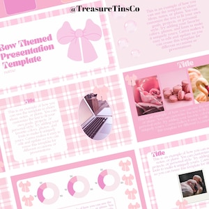 Op de afbeelding: Een roze presentatiesjabloon met een strikthema. De sjabloon bevat dia's met tekst, afbeeldingen en afbeeldingen. Het ontwerp heeft een roze geruite achtergrond en een strikgrafiek. De tekst bevat de woorden "Bow Themed Presentation Template".