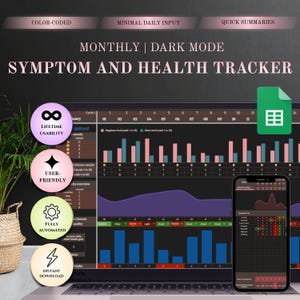 May include: A laptop screen showing a dark mode symptom and health tracker with graphs and charts. A smartphone displays a similar interface. Text includes "Monthly | Dark Mode" and "Symptom and Health Tracker." The screen also shows the words "Color-coded" and "Minimal Daily Input."
