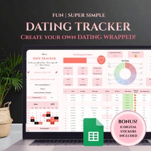 Op de afbeelding: Een laptop toont een roze en witte dating tracker sjabloon. De tekst op het scherm luidt "Dating Tracker" en "Create Your Own Dating Wrapped!". Een kalender voor juni 2025 is zichtbaar. Bonus: 11 digitale stickers inbegrepen.
