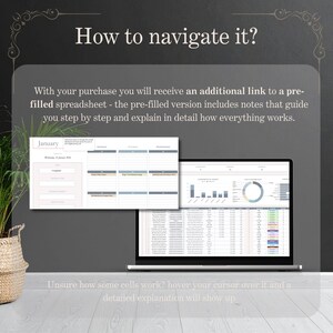 May include: A laptop displaying a spreadsheet with charts and data, alongside a printed calendar. Text reads "How to navigate it?" and "With your purchase you will receive an additional link to a pre-filled spreadsheet..."