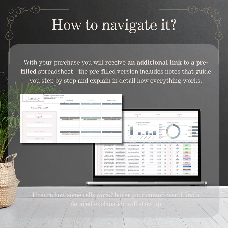 May include: A laptop displaying a spreadsheet with charts and data, alongside a printed calendar. Text reads "How to navigate it?" and "With your purchase you will receive an additional link to a pre-filled spreadsheet..."