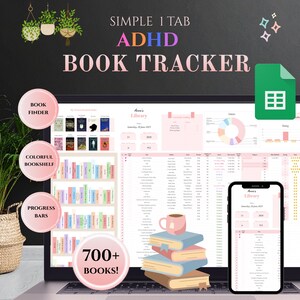 Rastreador de lectura rosa para TDAH: Biblioteca digital de Google Sheets, estantería automatizada y hoja de cálculo para el seguimiento de libros.