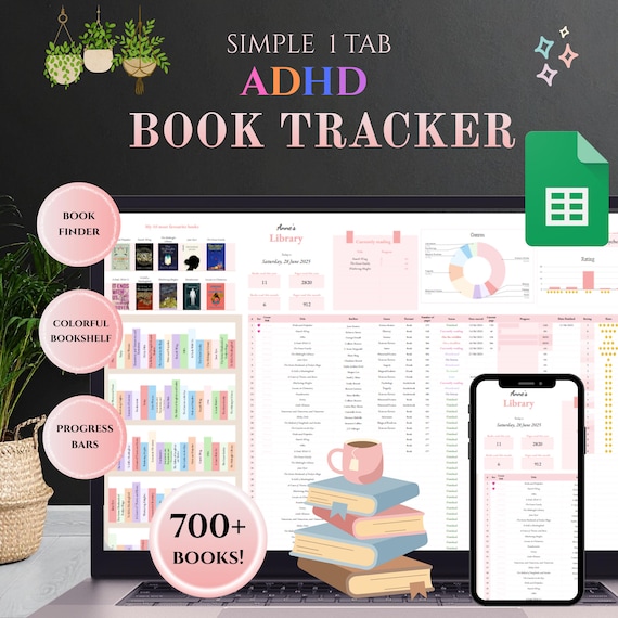 ADHD Pink Reading Tracker: Google Sheets Digital Library, Automated Bookshelf and Book Tracker Spreadsheet