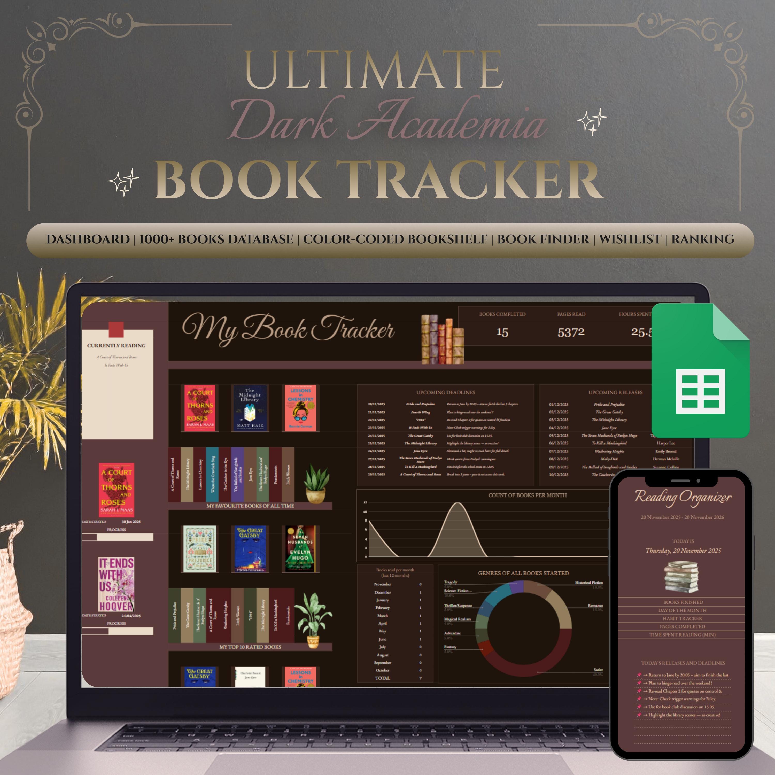 Ultimate Dark Academia Book Tracker: Reading Tracker Google Sheets