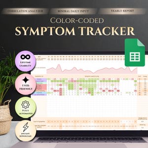 Puede incluir: Una pantalla de portátil que muestra un rastreador de síntomas codificado por colores. El texto en la pantalla dice "Color-Coded Symptom Tracker". La pantalla también muestra una hoja de cálculo con datos e iconos para uso de por vida, fácil de usar, totalmente automatizado y descarga instantánea.