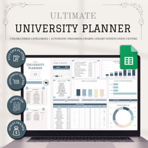 Puede incluir: Una pantalla de portátil que muestra un "ULTIMATE UNIVERSITY PLANNER" con categorías codificadas por colores y gráficos de progreso. El planificador incluye secciones para tareas, programación y presupuestos, con un calendario.